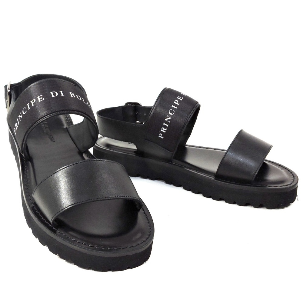 PRINCIPE DI BOLOGNA 🇮🇹 MEN'S BLACK LEATHER FLAT COMFORT SUMMER SANDALS
